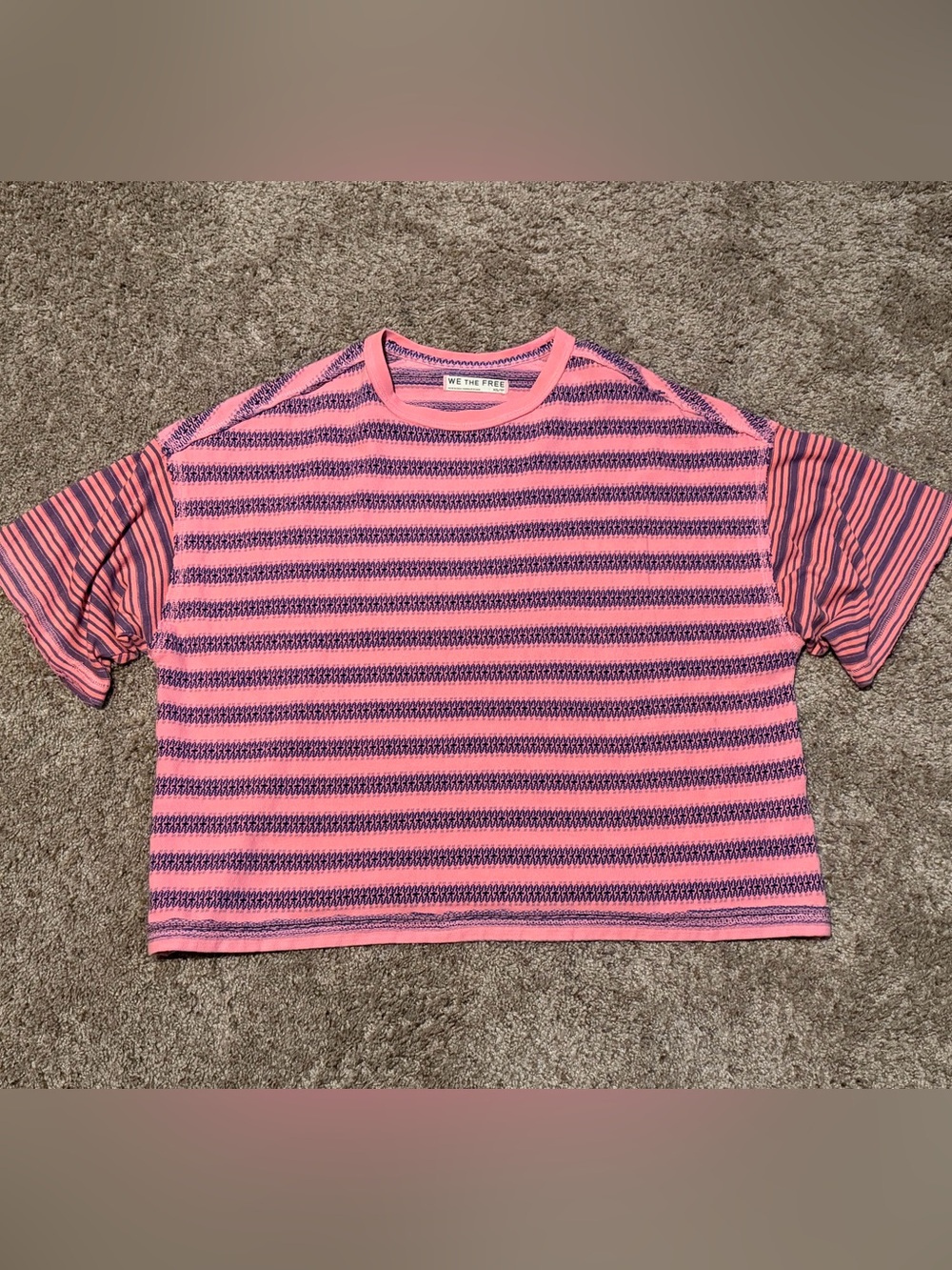 We The Free Pink and Navy Striped Short Sleeve Tee
